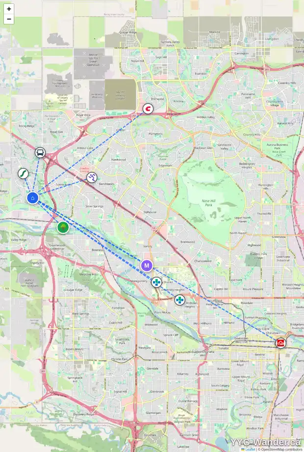 Daily accessibility map for 44 TUSCANY MEADOWS HE NW, Calgary showing nearby schools, grocery stores, parks, LRT stations and nearby amenities