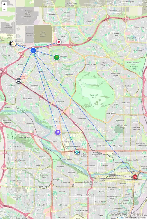 Daily accessibility map for 54 CITADEL PT NW, Calgary showing nearby schools, grocery stores, parks, LRT stations and nearby amenities
