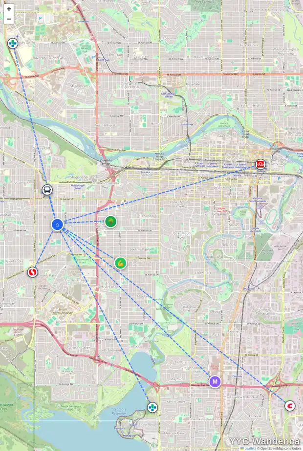 Daily accessibility map for 2429 31 ST SW, Calgary showing nearby schools, grocery stores, parks, LRT stations and nearby amenities