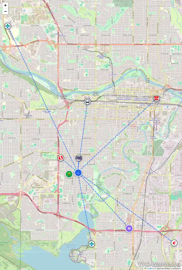 Daily accessibility map for 4130 19 ST SW, Calgary showing nearby schools, grocery stores, parks, LRT stations and nearby amenities