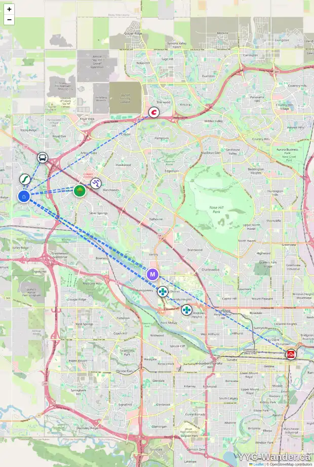 Daily accessibility map for 25 TUSCANY GLEN RD NW, Calgary showing nearby schools, grocery stores, parks, LRT stations and nearby amenities
