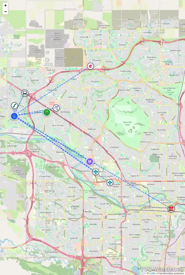 Daily accessibility map for 36 TUSCANY GLEN RD NW, Calgary showing nearby schools, grocery stores, parks, LRT stations and nearby amenities