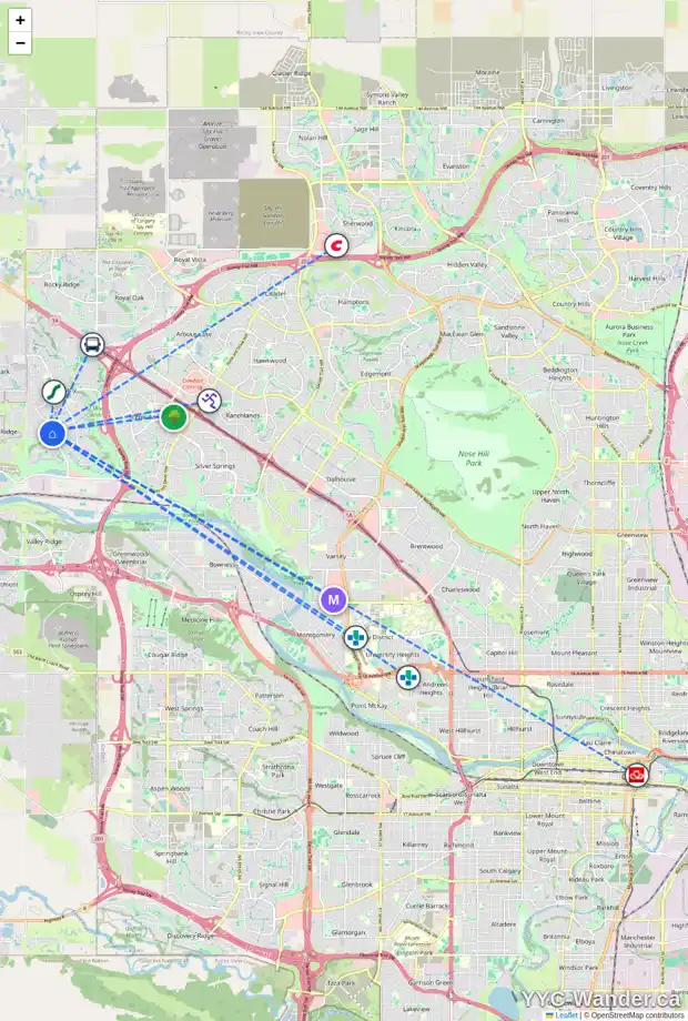 Daily accessibility map for 56 TUSCANY GLEN RD NW, Calgary showing nearby schools, grocery stores, parks, LRT stations and nearby amenities