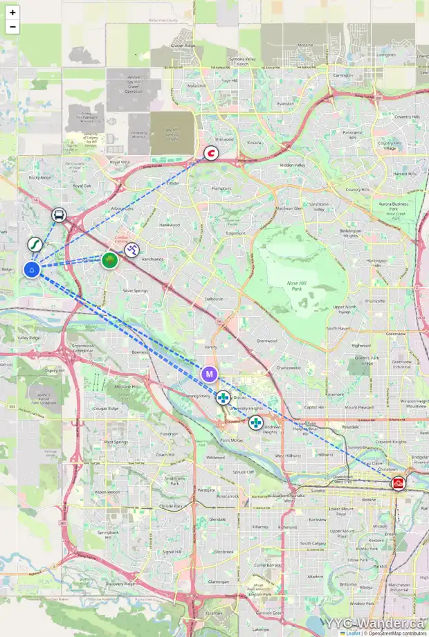Daily accessibility map for 15 TUSCANY GLEN PL NW, Calgary showing nearby schools, grocery stores, parks, LRT stations and nearby amenities