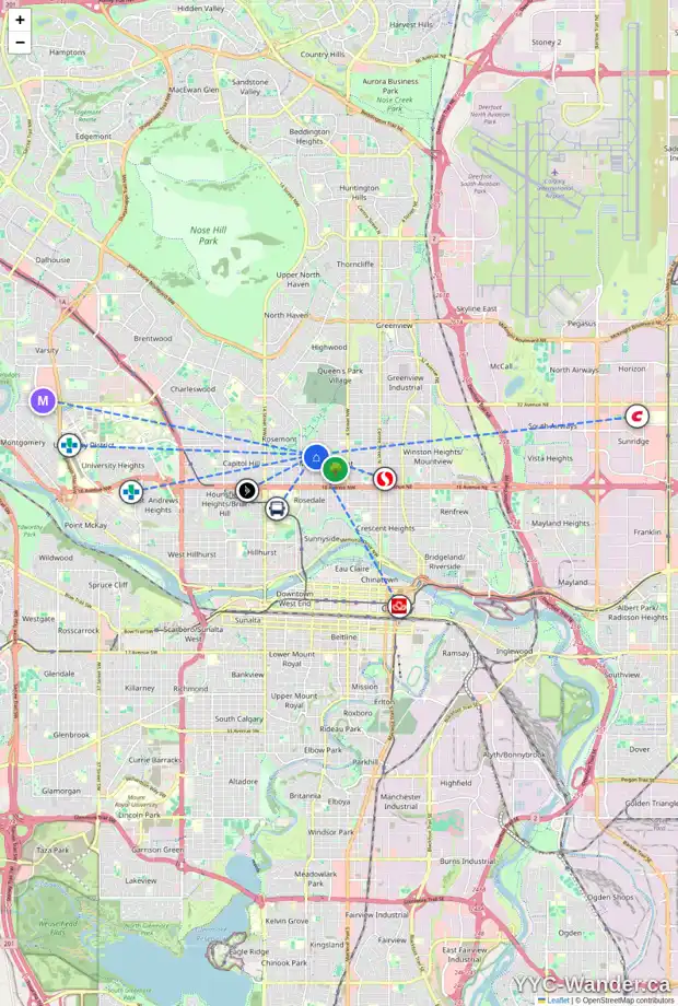 Daily accessibility map for 834 22 AV NW, Calgary showing nearby schools, grocery stores, parks, LRT stations and nearby amenities