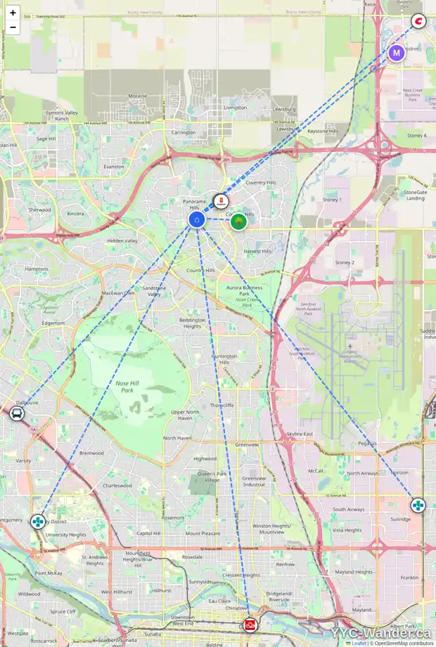 Daily accessibility map for 417 PANAMOUNT BV NW, Calgary showing nearby schools, grocery stores, parks, LRT stations and nearby amenities
