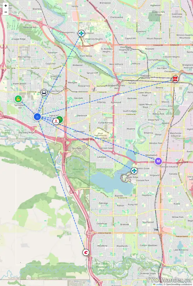 Daily accessibility map for 19 SPRINGBANK MT SW, Calgary showing nearby schools, grocery stores, parks, LRT stations and nearby amenities