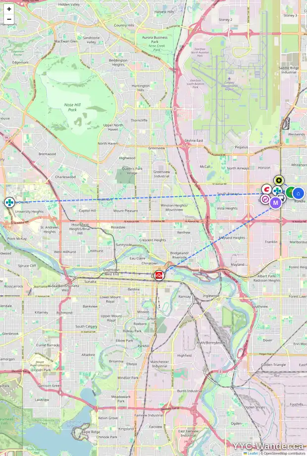 Daily accessibility map for 4504 26 AV NE, Calgary showing nearby schools, grocery stores, parks, LRT stations and nearby amenities