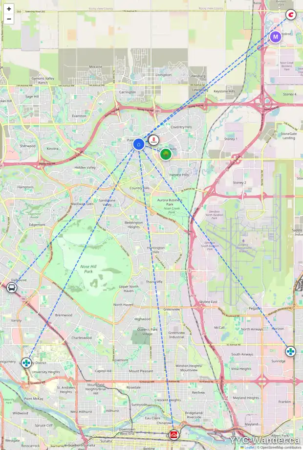 Daily accessibility map for 218 PANAMOUNT CO NW, Calgary showing nearby schools, grocery stores, parks, LRT stations and nearby amenities