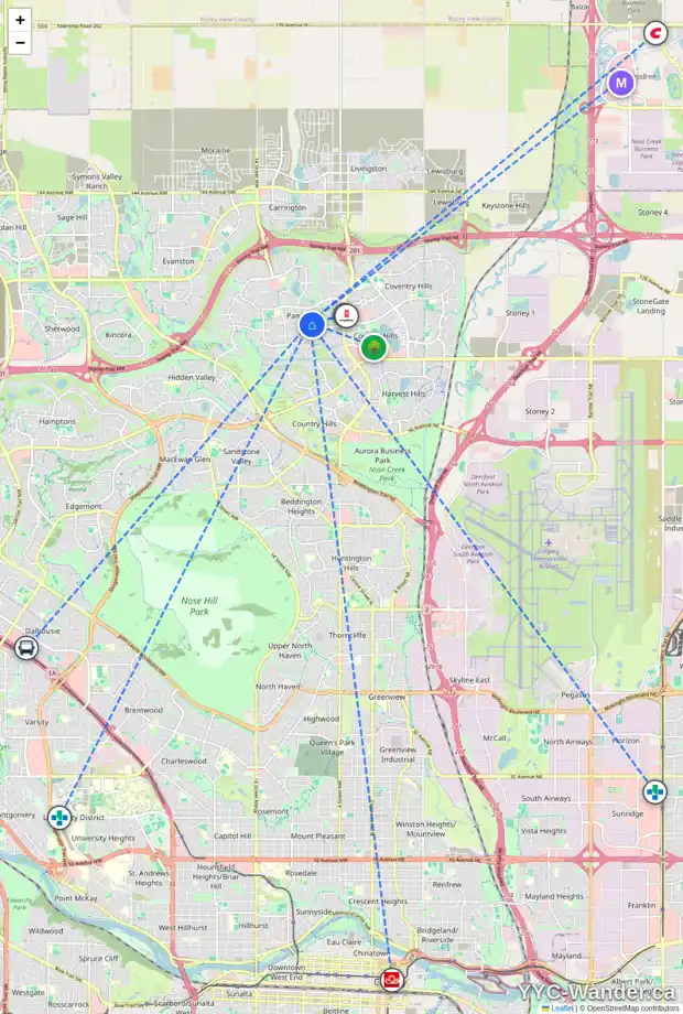 Daily accessibility map for 222 PANAMOUNT CO NW, Calgary showing nearby schools, grocery stores, parks, LRT stations and nearby amenities