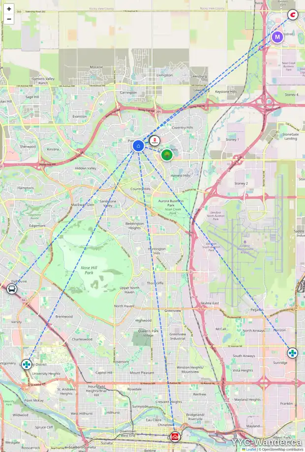 Daily accessibility map for 242 PANAMOUNT CO NW, Calgary showing nearby schools, grocery stores, parks, LRT stations and nearby amenities