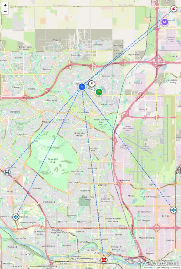 Daily accessibility map for 246 PANAMOUNT CO NW, Calgary showing nearby schools, grocery stores, parks, LRT stations and nearby amenities