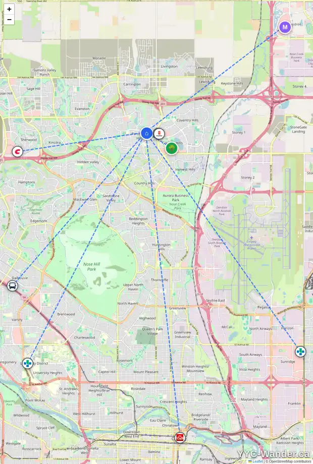 Daily accessibility map for 120 PANAMOUNT GR NW, Calgary showing nearby schools, grocery stores, parks, LRT stations and nearby amenities