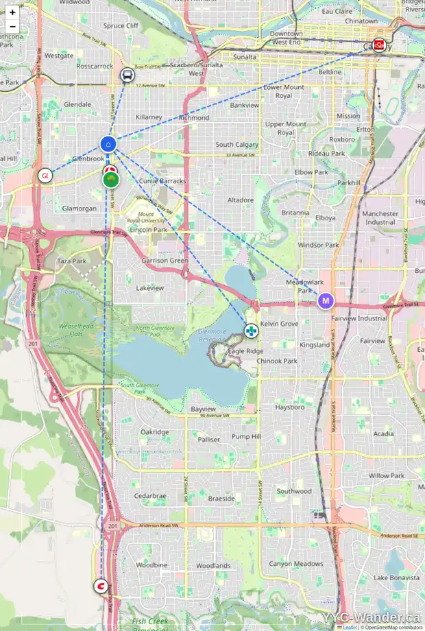 Daily accessibility map for 3111 38 ST SW, Calgary showing nearby schools, grocery stores, parks, LRT stations and nearby amenities