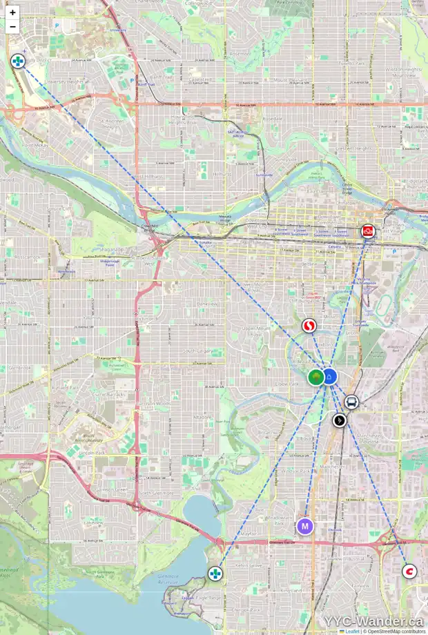 Daily accessibility map for 3629 1A ST SW, Calgary showing nearby schools, grocery stores, parks, LRT stations and nearby amenities