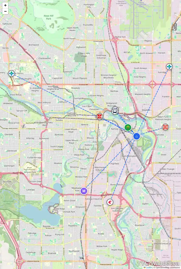 Daily accessibility map for 10 2318 17 ST SE, Calgary showing nearby schools, grocery stores, parks, LRT stations and nearby amenities