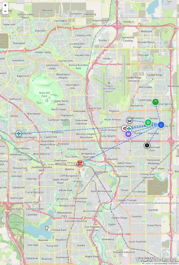 Daily accessibility map for 6755 34 AV NE, Calgary showing nearby schools, grocery stores, parks, LRT stations and nearby amenities