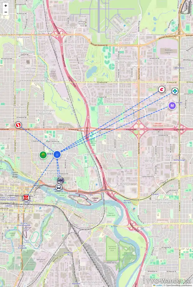 Daily accessibility map for 909 8 AV NE, Calgary showing nearby schools, grocery stores, parks, LRT stations and nearby amenities