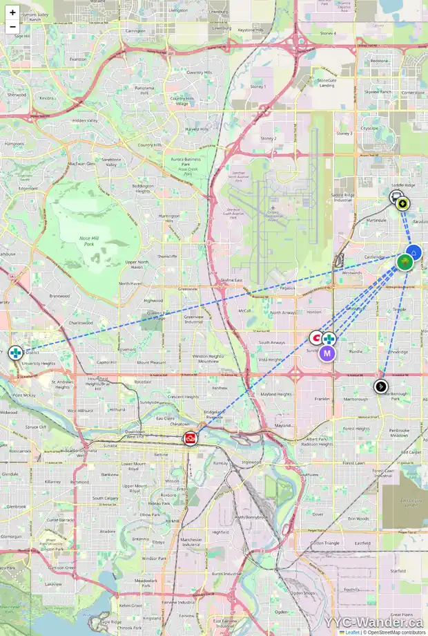 Daily accessibility map for 63 FALSHIRE PL NE, Calgary showing nearby schools, grocery stores, parks, LRT stations and nearby amenities