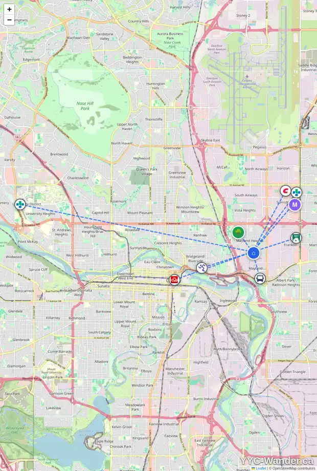 Daily accessibility map for 2011 MUNRO DR NE, Calgary showing nearby schools, grocery stores, parks, LRT stations and nearby amenities