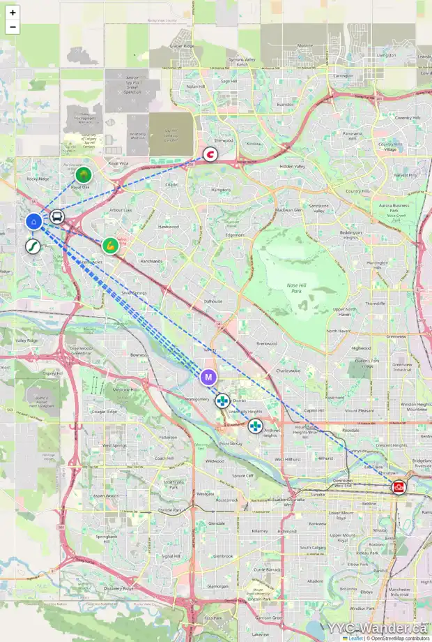 Daily accessibility map for 98 TUSSLEWOOD DR NW, Calgary showing nearby schools, grocery stores, parks, LRT stations and nearby amenities