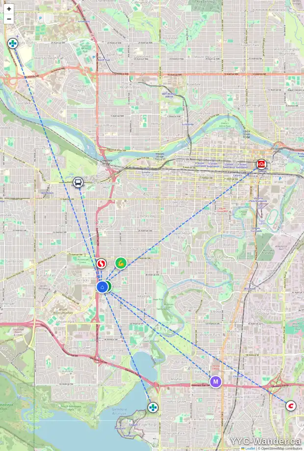 Daily accessibility map for 113 YPRES GR SW, Calgary showing nearby schools, grocery stores, parks, LRT stations and nearby amenities