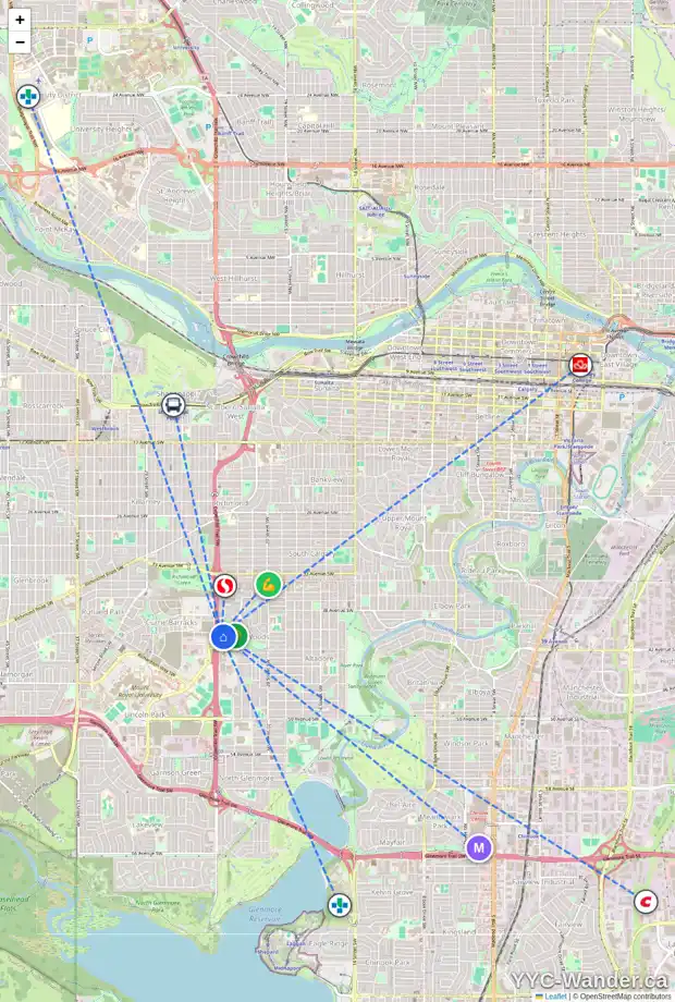 Daily accessibility map for 114 YPRES GR SW, Calgary showing nearby schools, grocery stores, parks, LRT stations and nearby amenities
