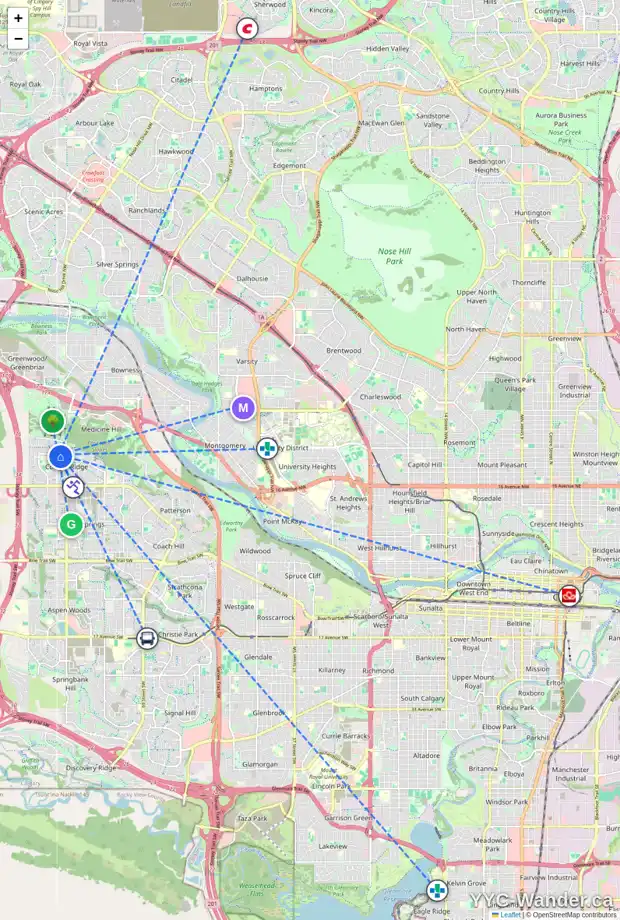 Daily accessibility map for 106 COUGARSTONE CR SW, Calgary showing nearby schools, grocery stores, parks, LRT stations and nearby amenities