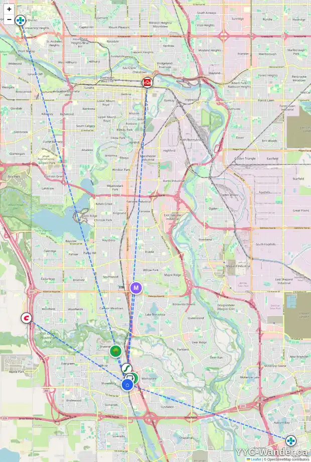 Daily accessibility map for 15 SHAWMEADOWS PL SW, Calgary showing nearby schools, grocery stores, parks, LRT stations and nearby amenities