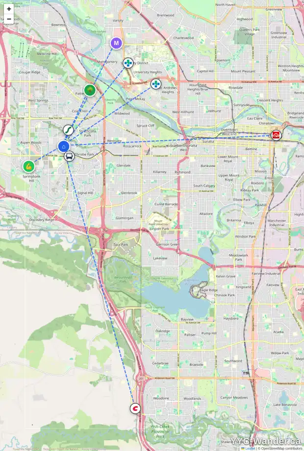 Daily accessibility map for 63 ASPEN MEADOWS GR SW, Calgary showing nearby schools, grocery stores, parks, LRT stations and nearby amenities