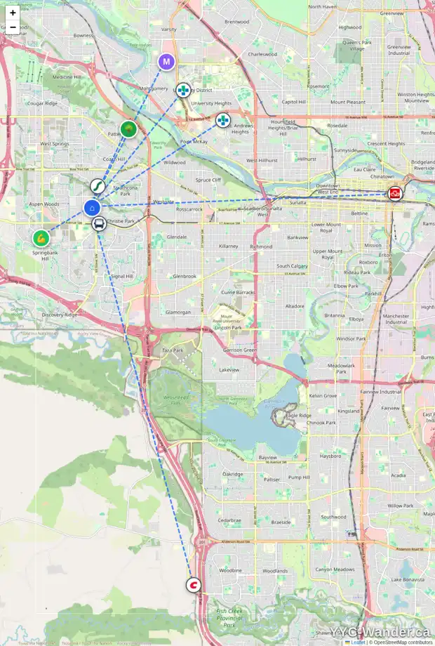 Daily accessibility map for 52 ASPEN MEADOWS GR SW, Calgary showing nearby schools, grocery stores, parks, LRT stations and nearby amenities