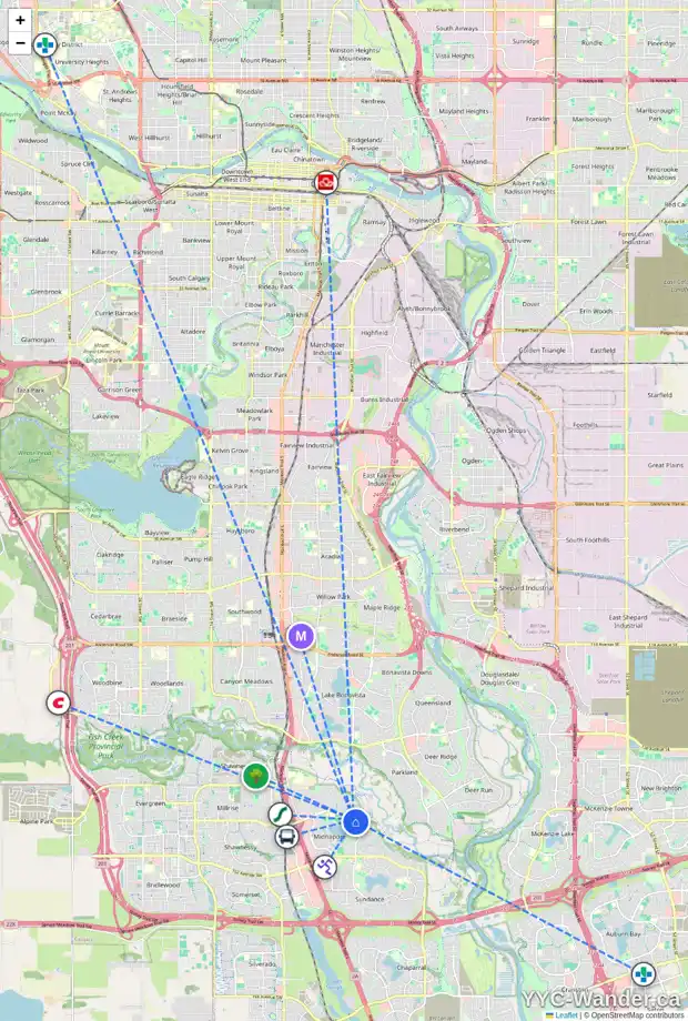 Daily accessibility map for 19 MIDVALLEY RI SE, Calgary showing nearby schools, grocery stores, parks, LRT stations and nearby amenities