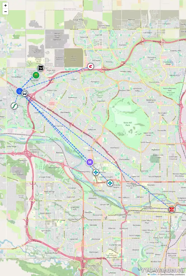 Daily accessibility map for 278 TUSCANY SPRINGS WY NW, Calgary showing nearby schools, grocery stores, parks, LRT stations and nearby amenities