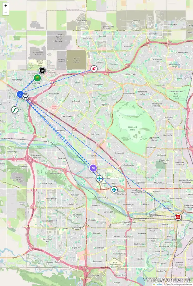 Daily accessibility map for 282 TUSCANY SPRINGS WY NW, Calgary showing nearby schools, grocery stores, parks, LRT stations and nearby amenities