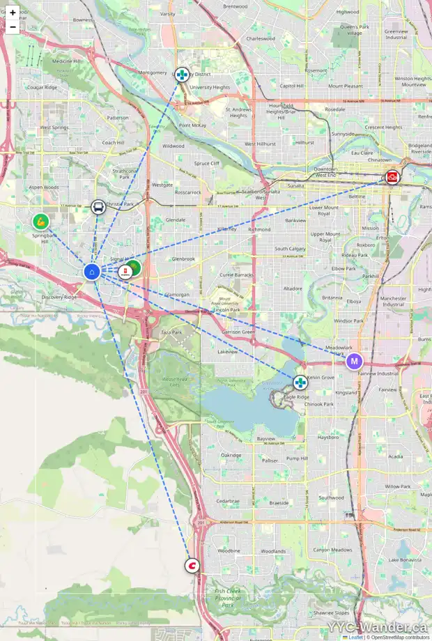 Daily accessibility map for 67 SPRING VILLAGE LN SW, Calgary showing nearby schools, grocery stores, parks, LRT stations and nearby amenities