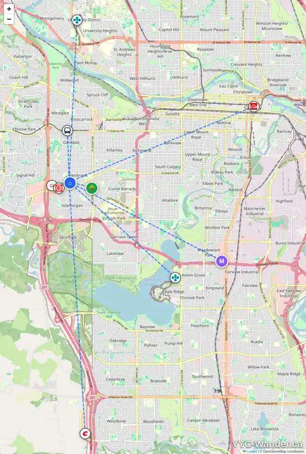 Daily accessibility map for 3744 GLENBROOK DR SW, Calgary showing nearby schools, grocery stores, parks, LRT stations and nearby amenities