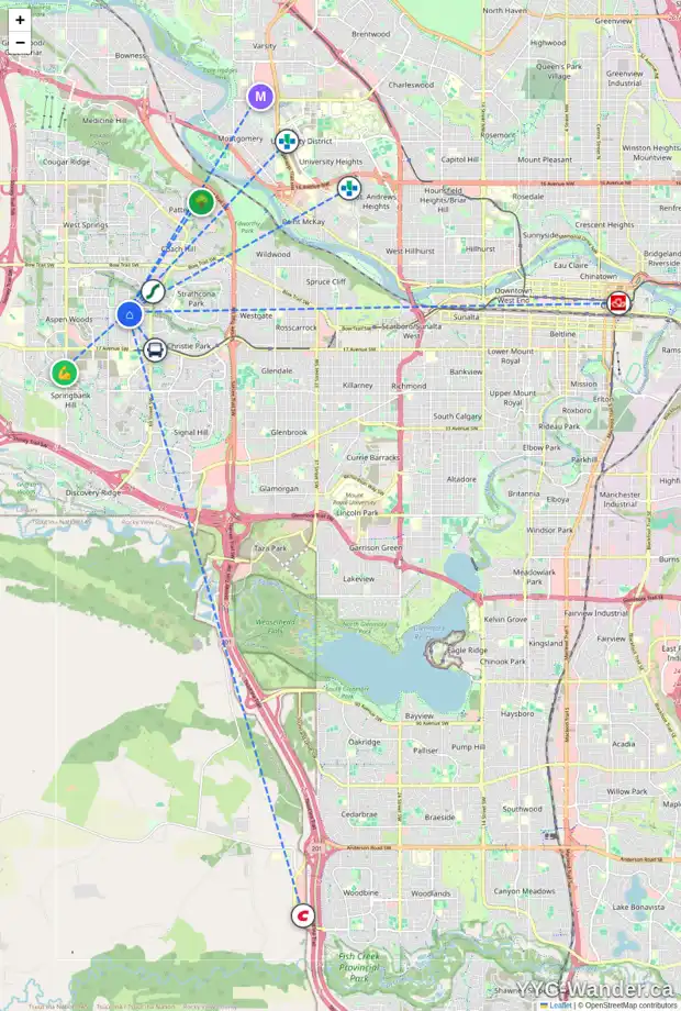 Daily accessibility map for 25 ASPEN RIDGE CR SW, Calgary showing nearby schools, grocery stores, parks, LRT stations and nearby amenities
