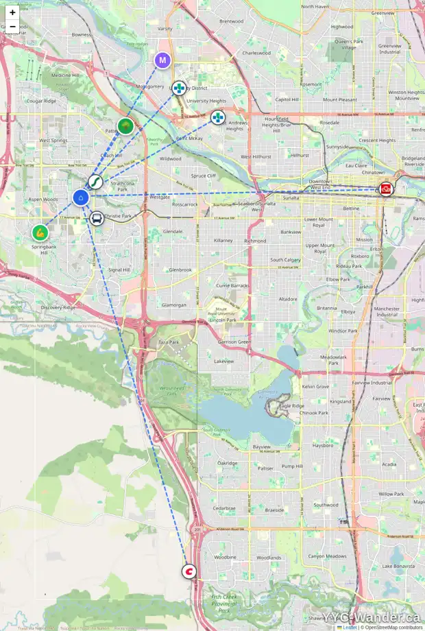 Daily accessibility map for 33 ASPEN RIDGE CR SW, Calgary showing nearby schools, grocery stores, parks, LRT stations and nearby amenities