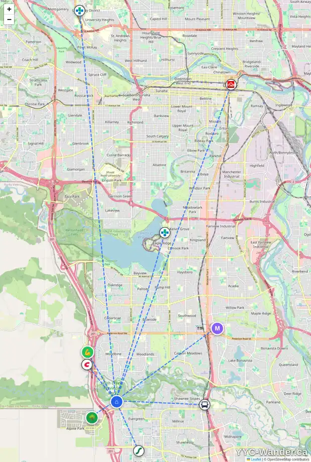 Daily accessibility map for 80 EVERGLADE CI SW, Calgary showing nearby schools, grocery stores, parks, LRT stations and nearby amenities