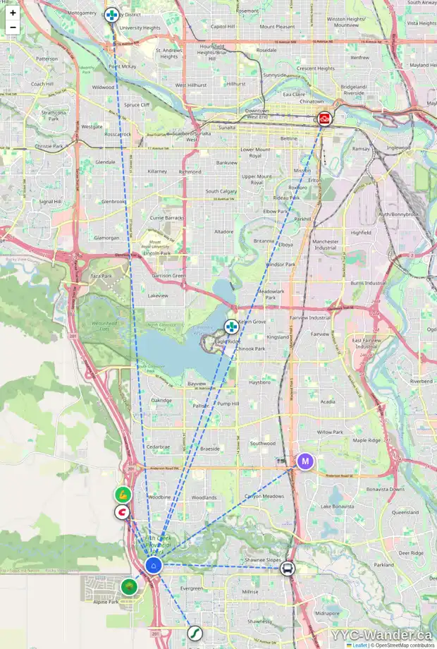 Daily accessibility map for 164 EVERGLADE CI SW, Calgary showing nearby schools, grocery stores, parks, LRT stations and nearby amenities