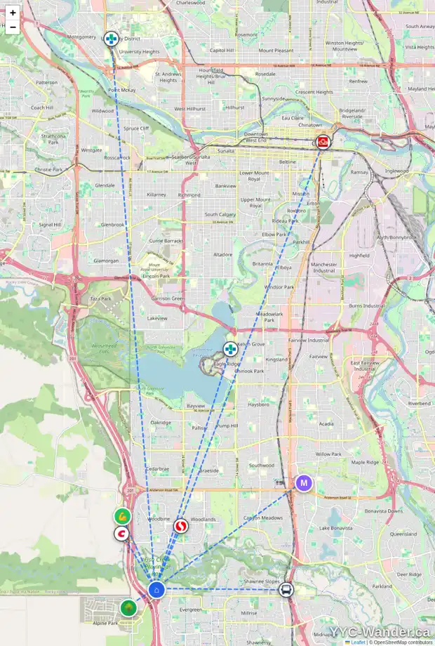Daily accessibility map for 19 EVERGLADE WY SW, Calgary showing nearby schools, grocery stores, parks, LRT stations and nearby amenities