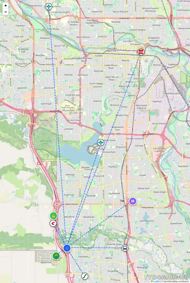 Daily accessibility map for 58 EVERGLADE WY SW, Calgary showing nearby schools, grocery stores, parks, LRT stations and nearby amenities