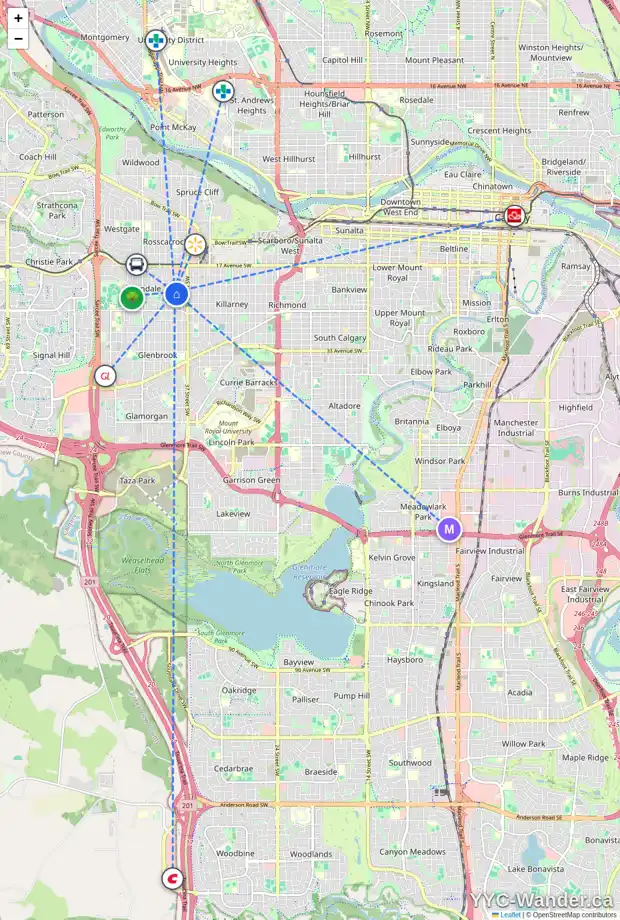 Daily accessibility map for 3928 23 AV SW, Calgary showing nearby schools, grocery stores, parks, LRT stations and nearby amenities