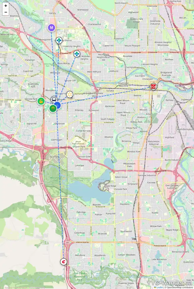 Daily accessibility map for 6 GROVE HILL PL SW, Calgary showing nearby schools, grocery stores, parks, LRT stations and nearby amenities