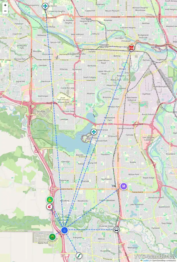 Daily accessibility map for 119 EVERGLADE WY SW, Calgary showing nearby schools, grocery stores, parks, LRT stations and nearby amenities