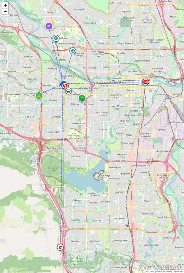 Daily accessibility map for 906 38 ST SW, Calgary showing nearby schools, grocery stores, parks, LRT stations and nearby amenities