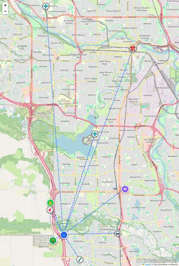 Daily accessibility map for 283 EVERGLADE CI SW, Calgary showing nearby schools, grocery stores, parks, LRT stations and nearby amenities
