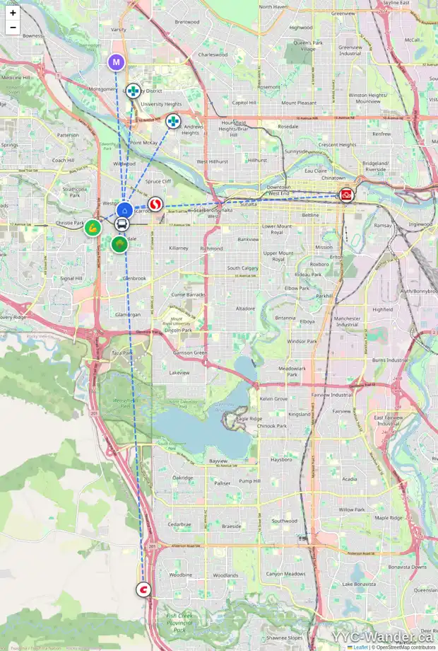 Daily accessibility map for 27 WINCHESTER CR SW, Calgary showing nearby schools, grocery stores, parks, LRT stations and nearby amenities