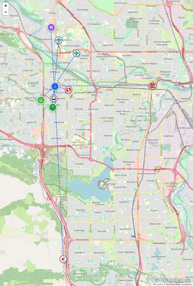 Daily accessibility map for 18 WARWICK DR SW, Calgary showing nearby schools, grocery stores, parks, LRT stations and nearby amenities