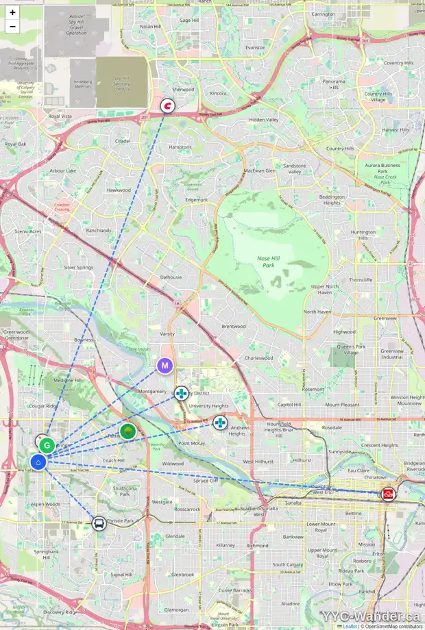 Daily accessibility map for 20 WENTWORTH MR SW, Calgary showing nearby schools, grocery stores, parks, LRT stations and nearby amenities